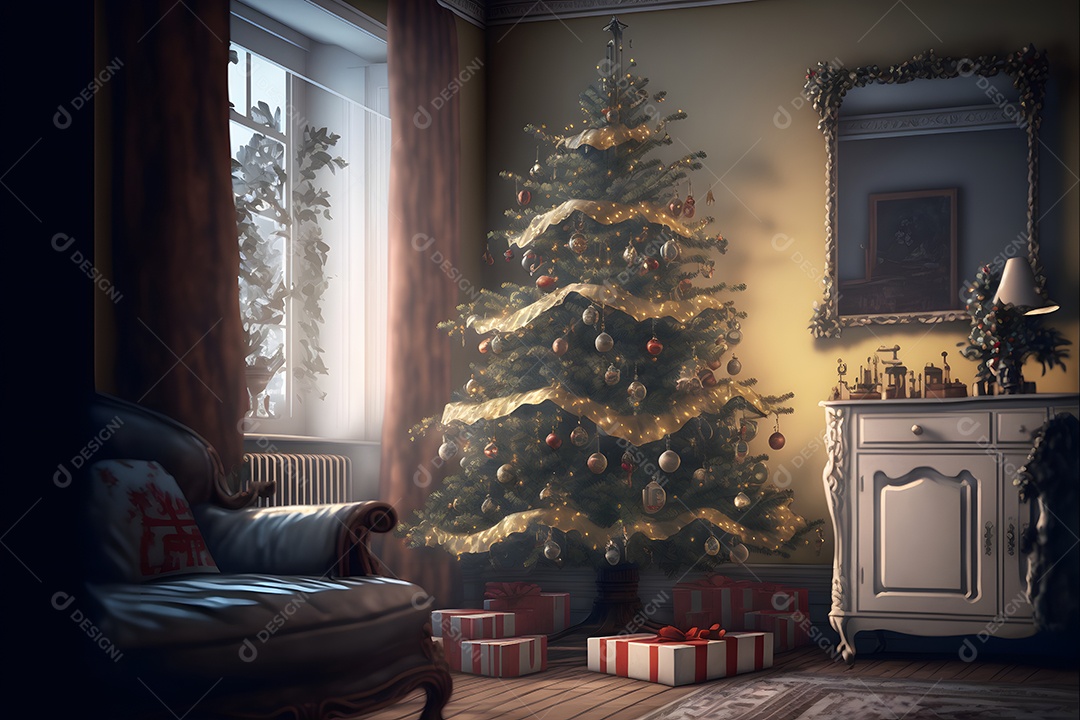 Árvore de Natal decorada com presentes embaixo, em um interior doméstico clássico e aconchegante