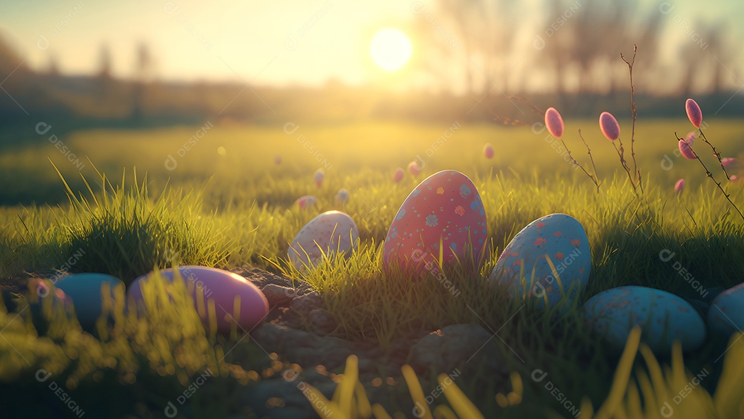 Ovos de Páscoa espalhados em um prado verde ao nascer do sol