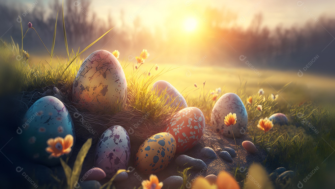 Ovos de Páscoa espalhados em um prado verde ao nascer do sol