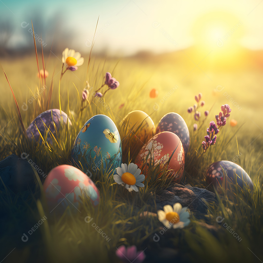Ovos de Páscoa espalhados em um prado verde ao nascer do sol