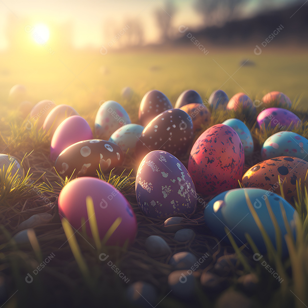 Ovos de Páscoa espalhados em um prado verde ao nascer do sol