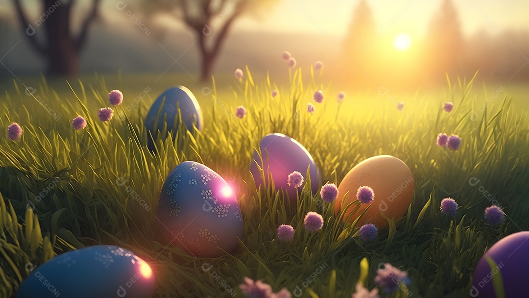 Ovos de Páscoa espalhados em um prado verde ao nascer do sol