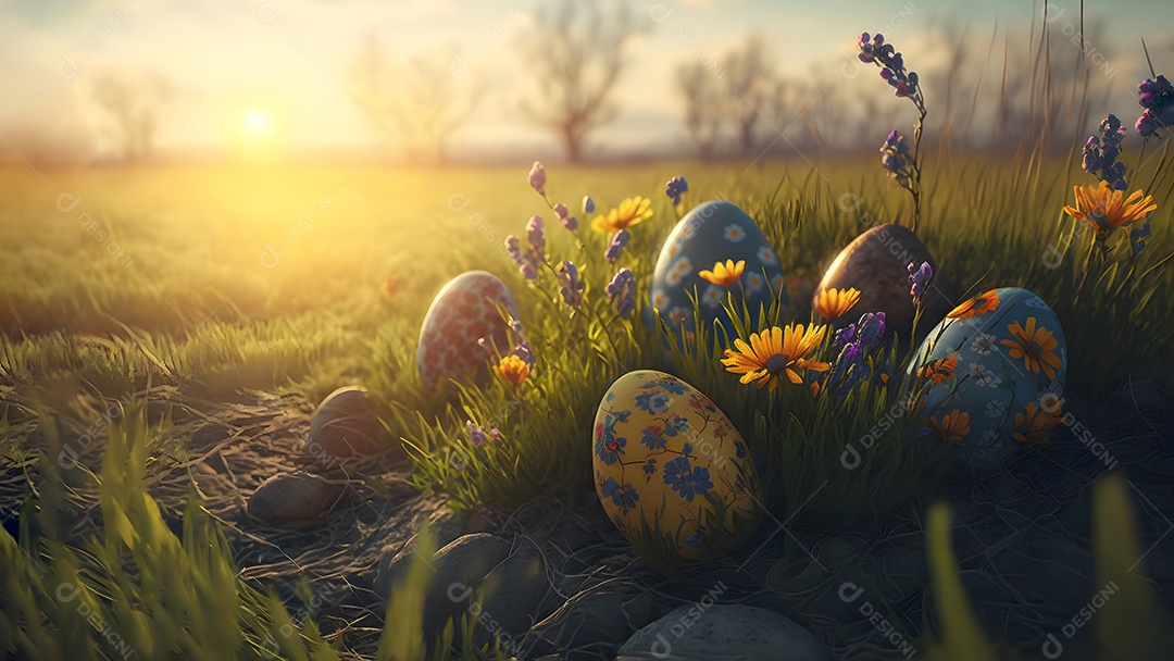 Ovos de Páscoa espalhados em um prado verde ao nascer do sol