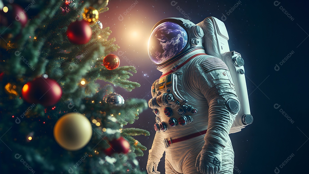 Astronauta irreconhecível ao lado de uma árvore de Natal decorada