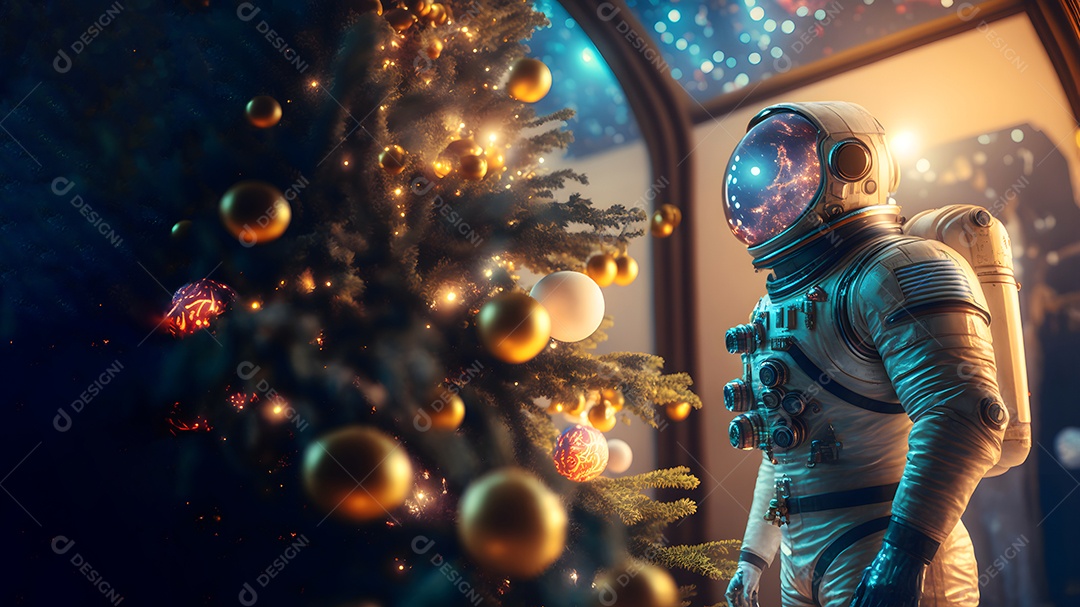 Astronauta irreconhecível ao lado de uma árvore de Natal decorada