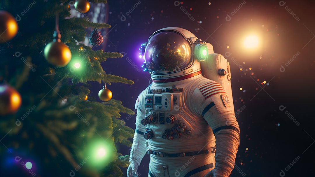 Astronauta irreconhecível ao lado de uma árvore de Natal decorada