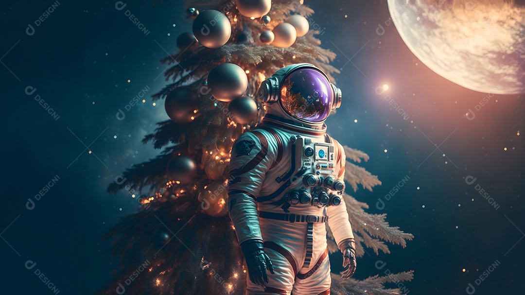 Astronauta irreconhecível ao lado de uma árvore de Natal decorada