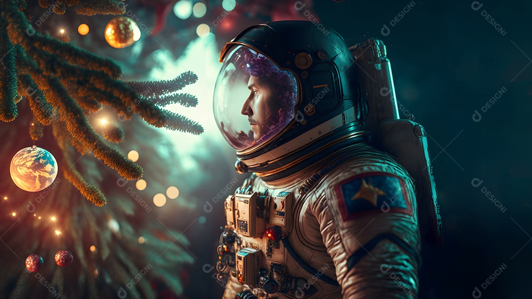 Astronauta irreconhecível ao lado de uma árvore de Natal decorada