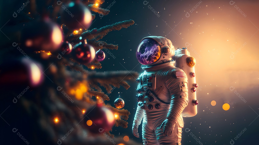 Astronauta irreconhecível ao lado de uma árvore de Natal decorada