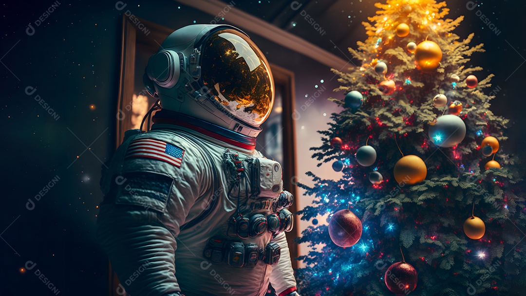 Astronauta irreconhecível ao lado de uma árvore de Natal decorada