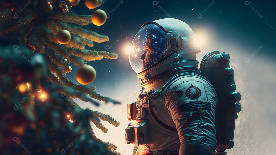 Astronauta irreconhecível ao lado de uma árvore de Natal decorada