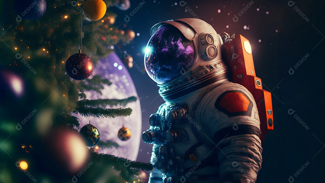 Astronauta irreconhecível ao lado de uma árvore de Natal decorada