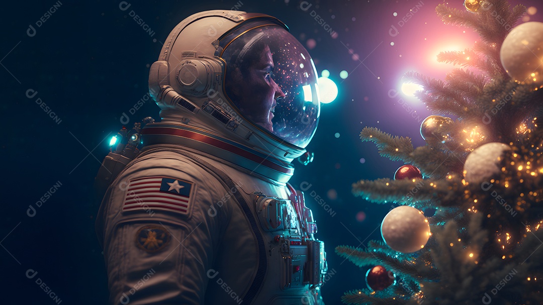 Astronauta irreconhecível ao lado de uma árvore de Natal decorada