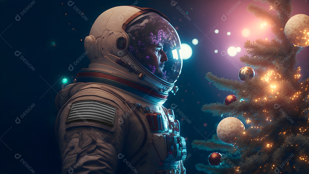 Astronauta irreconhecível ao lado de uma árvore de Natal decorada