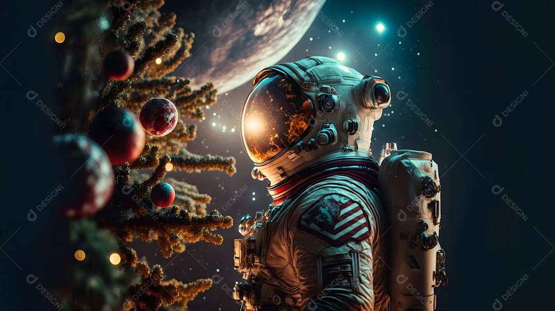 Astronauta irreconhecível ao lado de uma árvore de Natal decorada