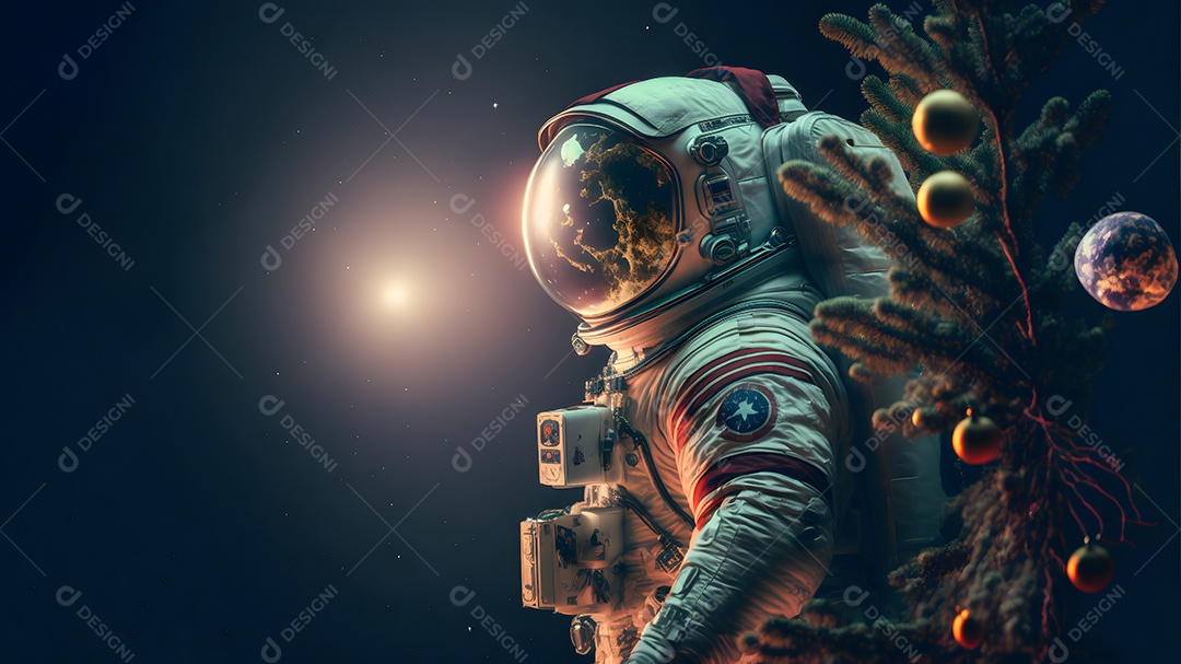 Astronauta irreconhecível ao lado de uma árvore de Natal decorada