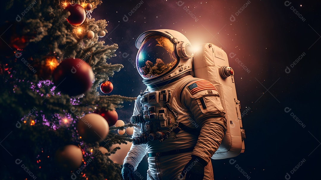 Astronauta irreconhecível ao lado de uma árvore de Natal decorada