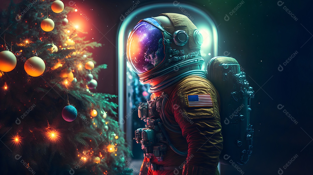 Astronauta irreconhecível ao lado de uma árvore de Natal decorada