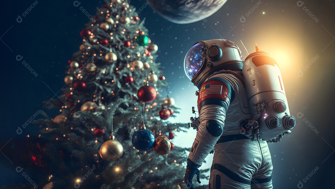 Astronauta irreconhecível ao lado de uma árvore de Natal decorada