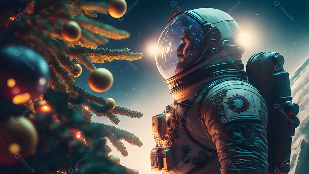 Astronauta irreconhecível ao lado de uma árvore de Natal decorada