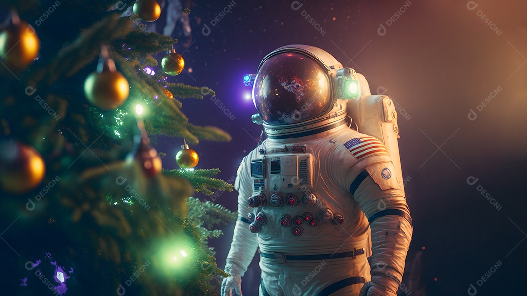 Astronauta irreconhecível ao lado de uma árvore de Natal decorada
