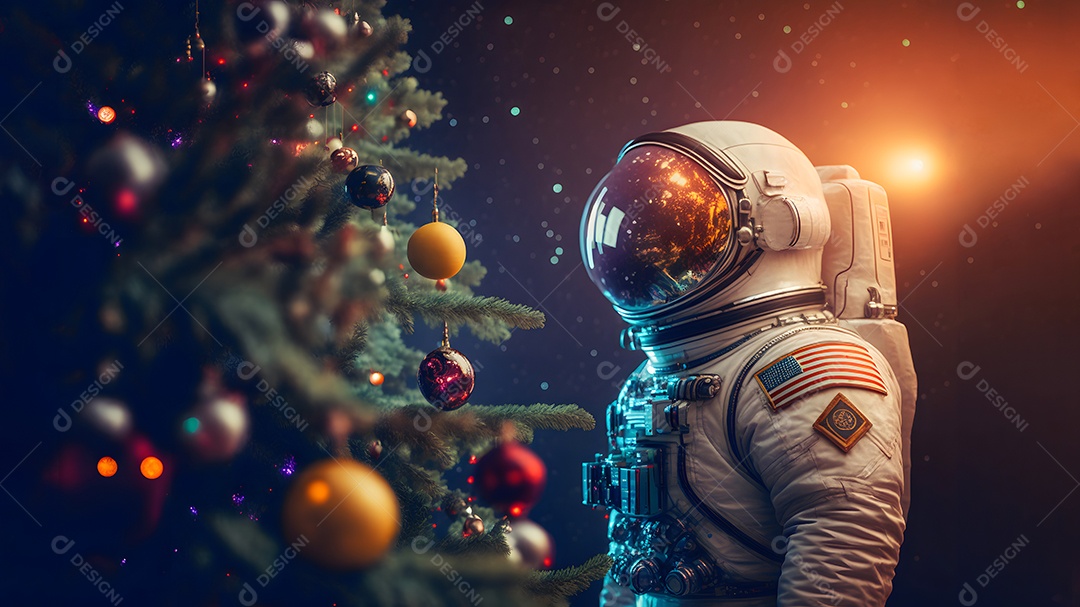 Astronauta irreconhecível ao lado de uma árvore de Natal decorada