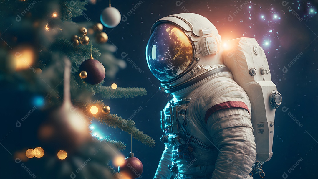 Astronauta irreconhecível ao lado de uma árvore de Natal decorada