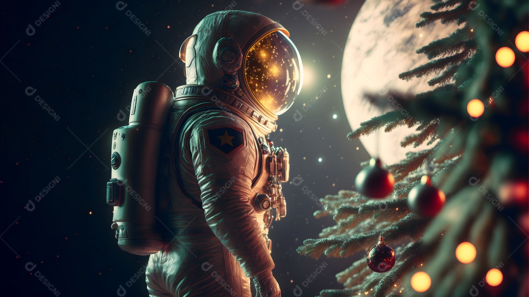 Astronauta irreconhecível ao lado de uma árvore de Natal decorada