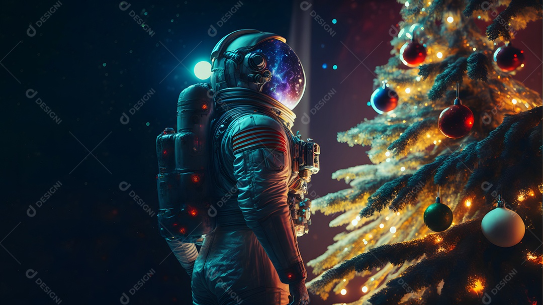 Astronauta irreconhecível ao lado de uma árvore de Natal decorada