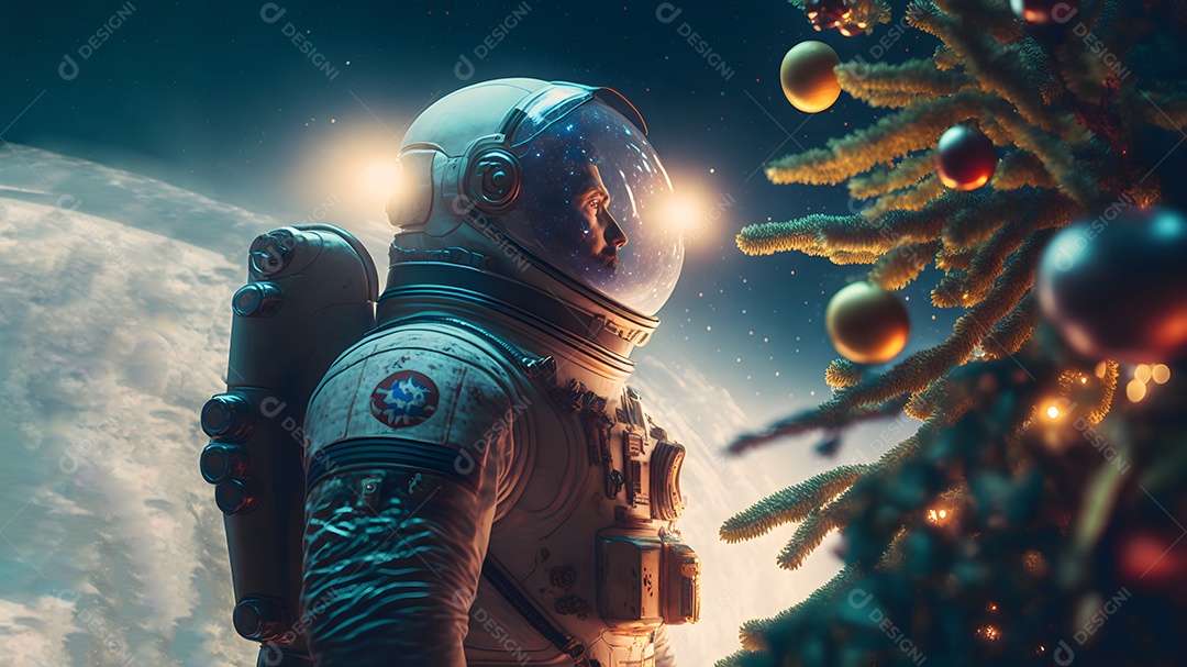 Astronauta irreconhecível ao lado de uma árvore de Natal decorada