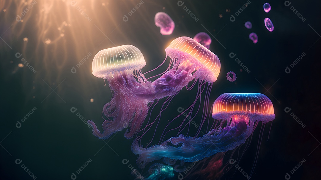 Águas-vivas brilhantes em fundo escuro, arte gerada por rede neural