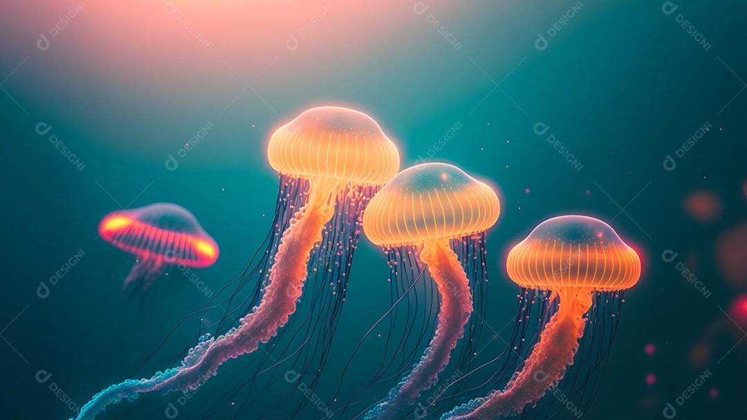 Águas-vivas brilhantes em fundo escuro, arte gerada por rede neural