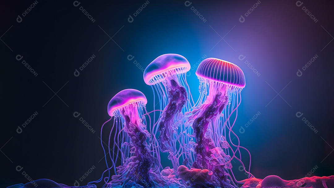 Águas-vivas brilhantes em fundo escuro, arte gerada por rede neural