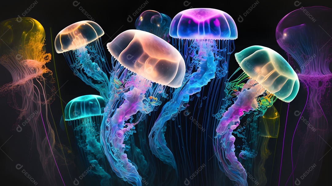 Águas-vivas brilhantes sobre fundo escuro