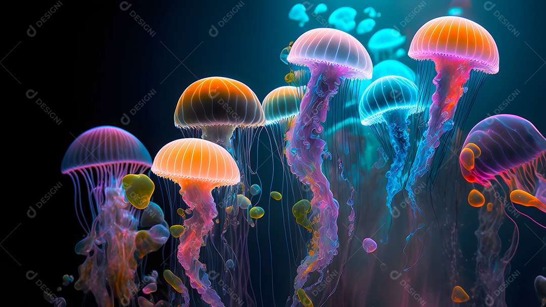 Águas-vivas brilhantes sobre fundo escuro