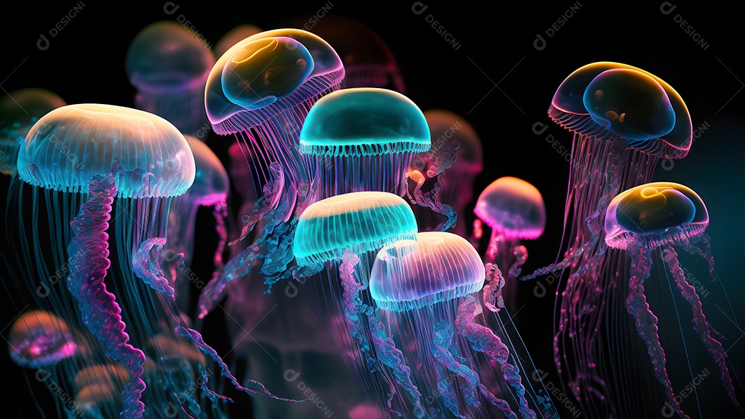 Águas-vivas brilhantes sobre fundo escuro