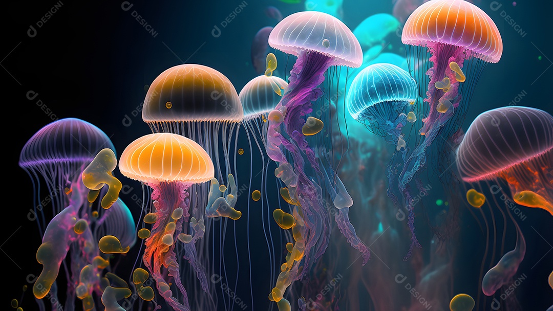 Águas-vivas brilhantes sobre fundo escuro