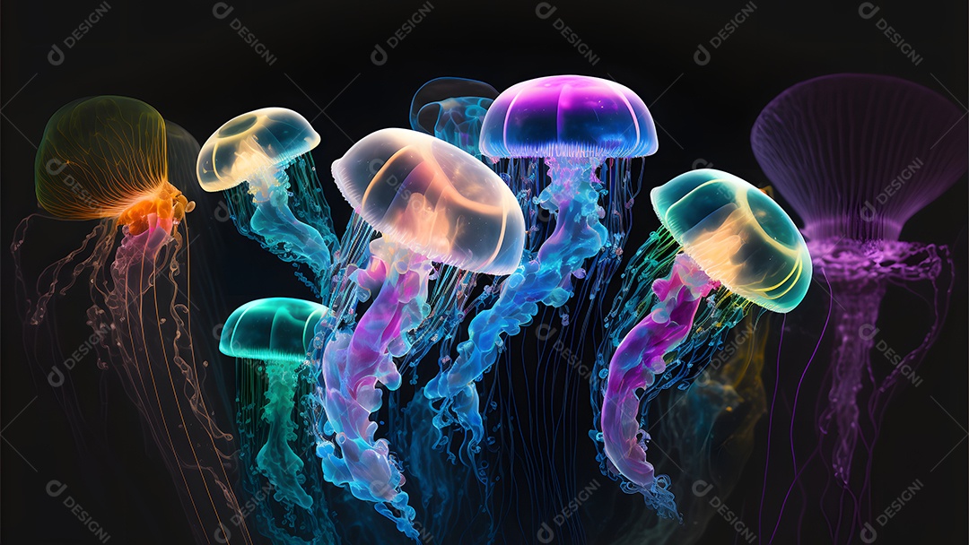 Águas-vivas brilhantes sobre fundo escuro