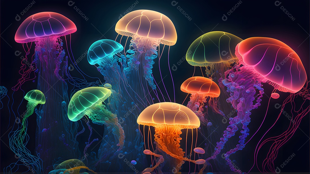 Águas-vivas brilhantes sobre fundo escuro