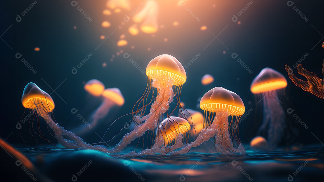 Águas-vivas brilhantes sobre fundo escuro