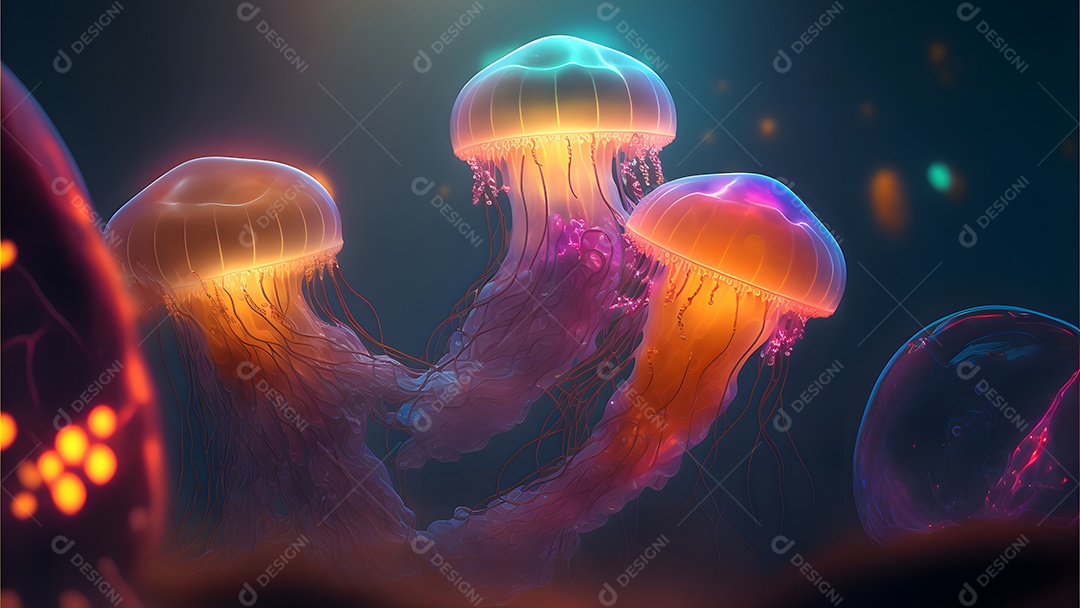 Águas-vivas brilhantes sobre fundo escuro