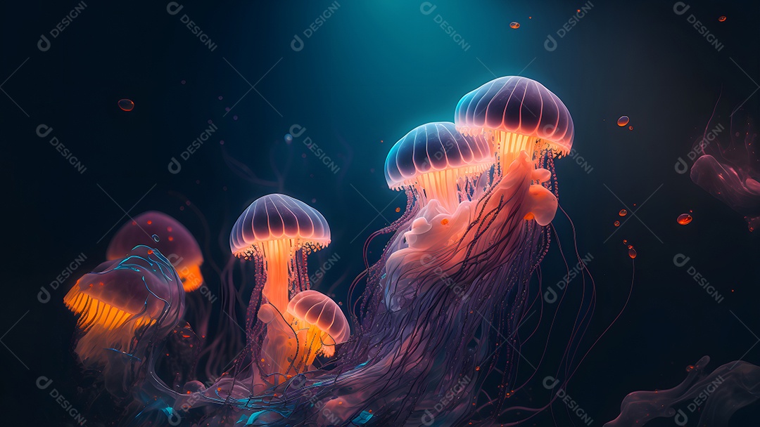 Águas-vivas brilhantes sobre fundo escuro