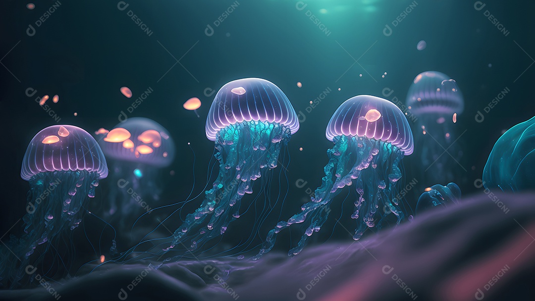 Águas-vivas brilhantes sobre fundo escuro