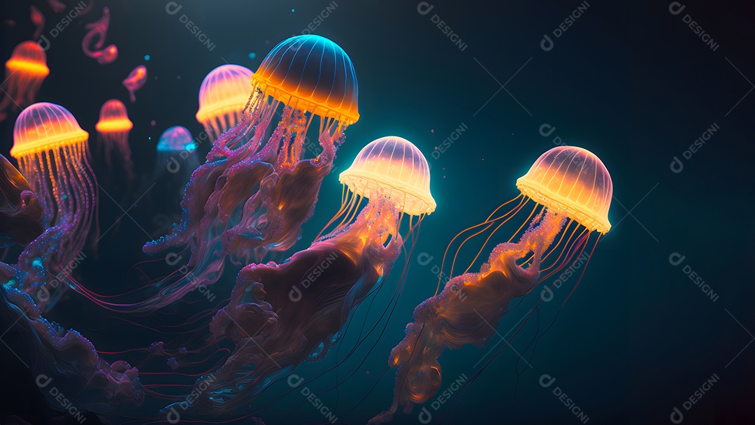 Águas-vivas brilhantes sobre fundo escuro