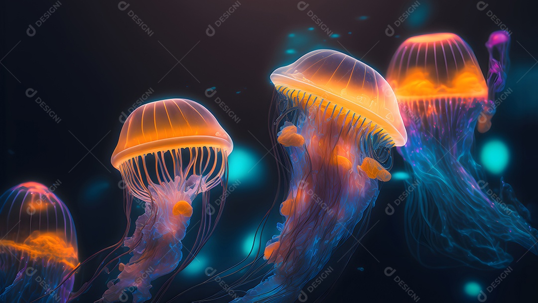 Águas-vivas brilhantes sobre fundo escuro