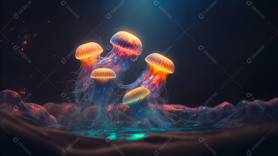 Águas-vivas brilhantes sobre fundo escuro