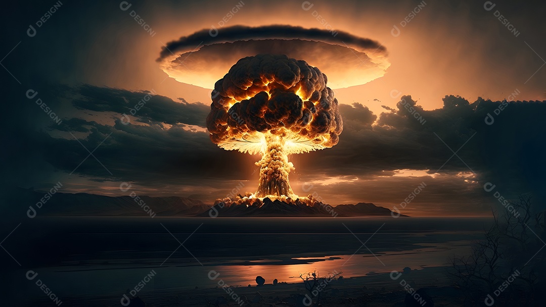 Cogumelo de explosão nuclear sobre terreno plano, arte gerada por rede neural.