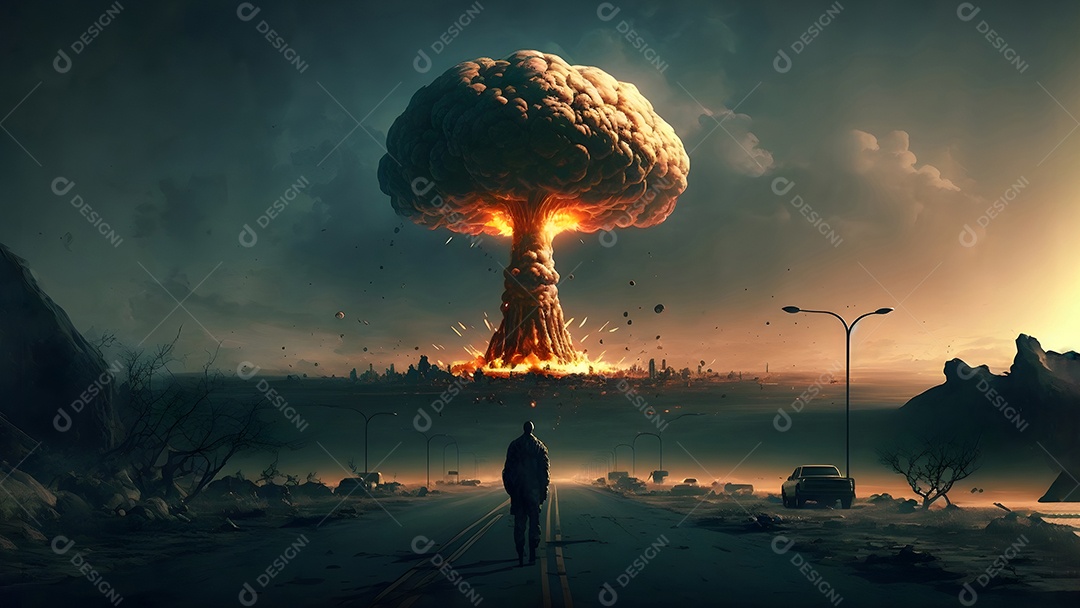 Cogumelo de explosão nuclear sobre terreno plano, arte gerada por rede neural.