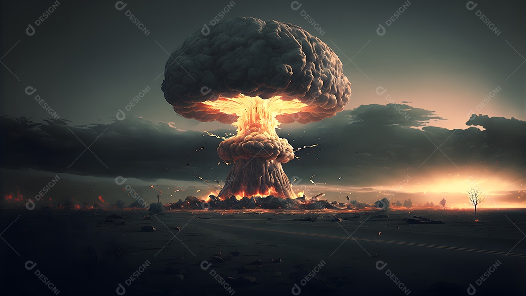 Cogumelo de explosão nuclear sobre terreno plano, arte gerada por rede neural.