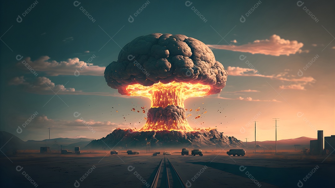 Cogumelo de explosão nuclear sobre terreno plano, arte gerada por rede neural.